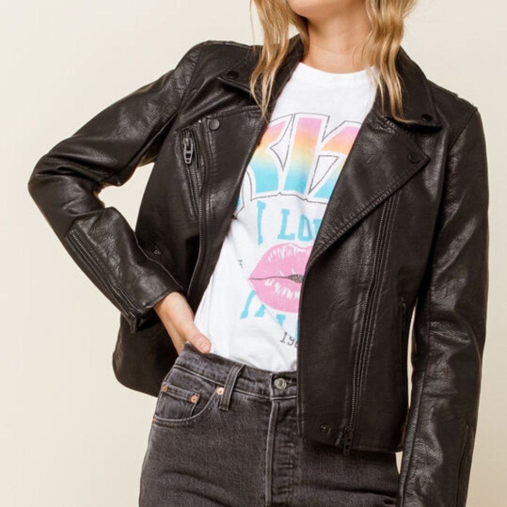 Blank NYC vegan leather moto jacket in Onyx size S